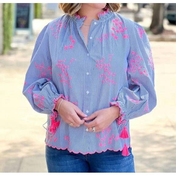 Vilagallo Tops - VILAGALLO Aurora embroidered Blouse in stripe pink embroidery Sz S Blue White